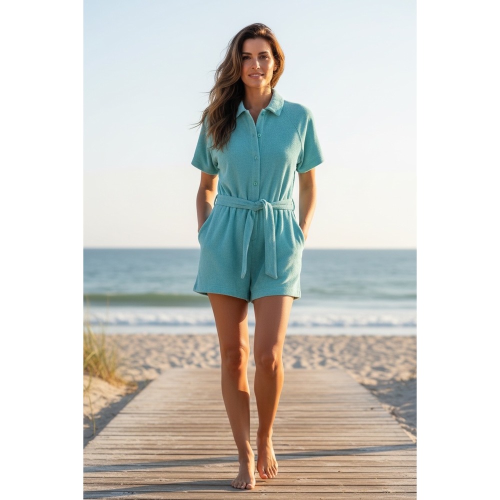 Andie Swim Button Up Romper Aqua Blue Terry Cloth Pockets Size Small‎ Pool Beach